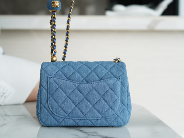 HOT SALE CL Denim Quilted Mini Pearl Crush Flap Blue