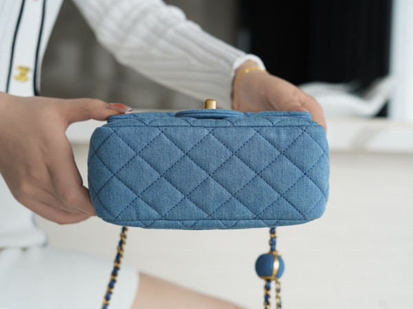 HOT SALE CL Denim Quilted Mini Pearl Crush Flap Blue