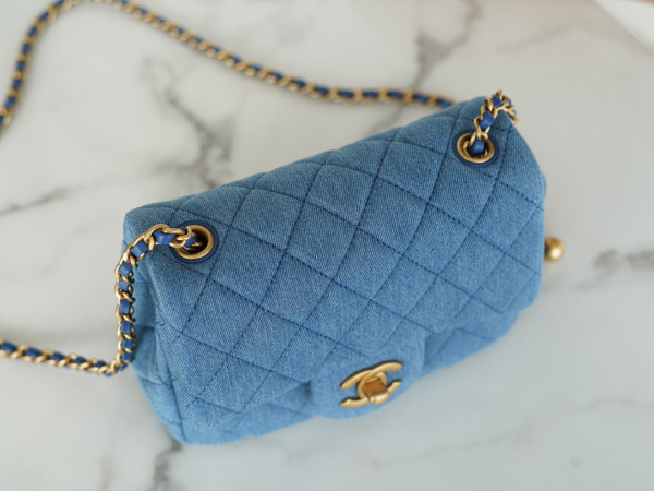 HOT SALE CL Denim Quilted Mini Pearl Crush Flap Blue