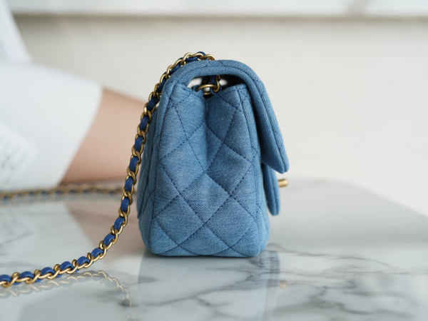 HOT SALE CL Denim Quilted Mini Pearl Crush Flap Blue