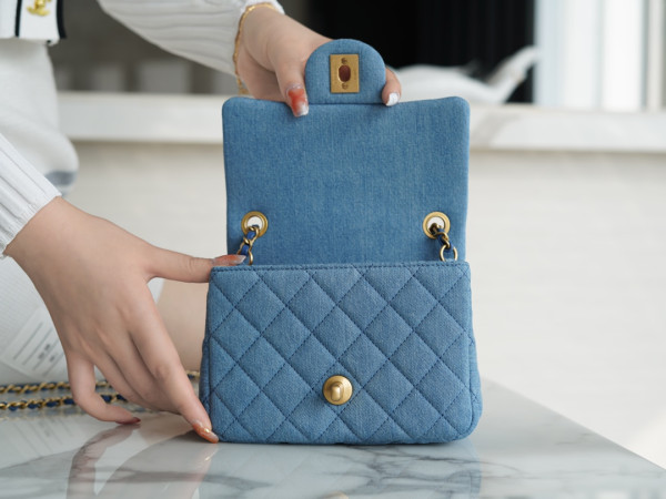 HOT SALE CL Denim Quilted Mini Pearl Crush Flap Blue