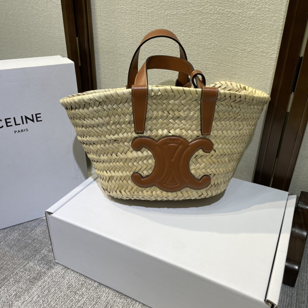 HOT SALE CELIN* TRIOMPHE CELIN* CLASSIC PANIER IN PALM LEAVES AND CALFSKIN