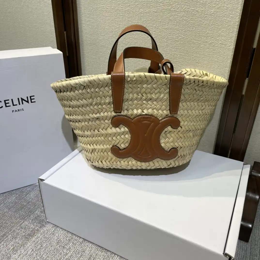 CELIN* TRIOMPHE CELIN* CLASSIC PANIER IN PALM LEAVES AND CALFSKIN