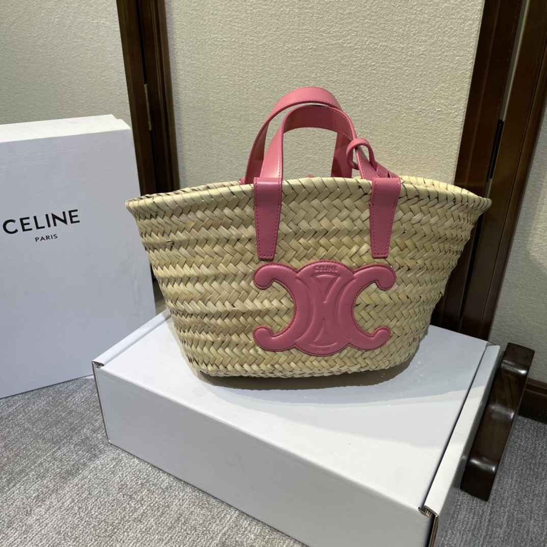 HOT SALE CELIN* TRIOMPHE CELIN* CLASSIC PANIER IN PALM LEAVES AND CALFSKIN