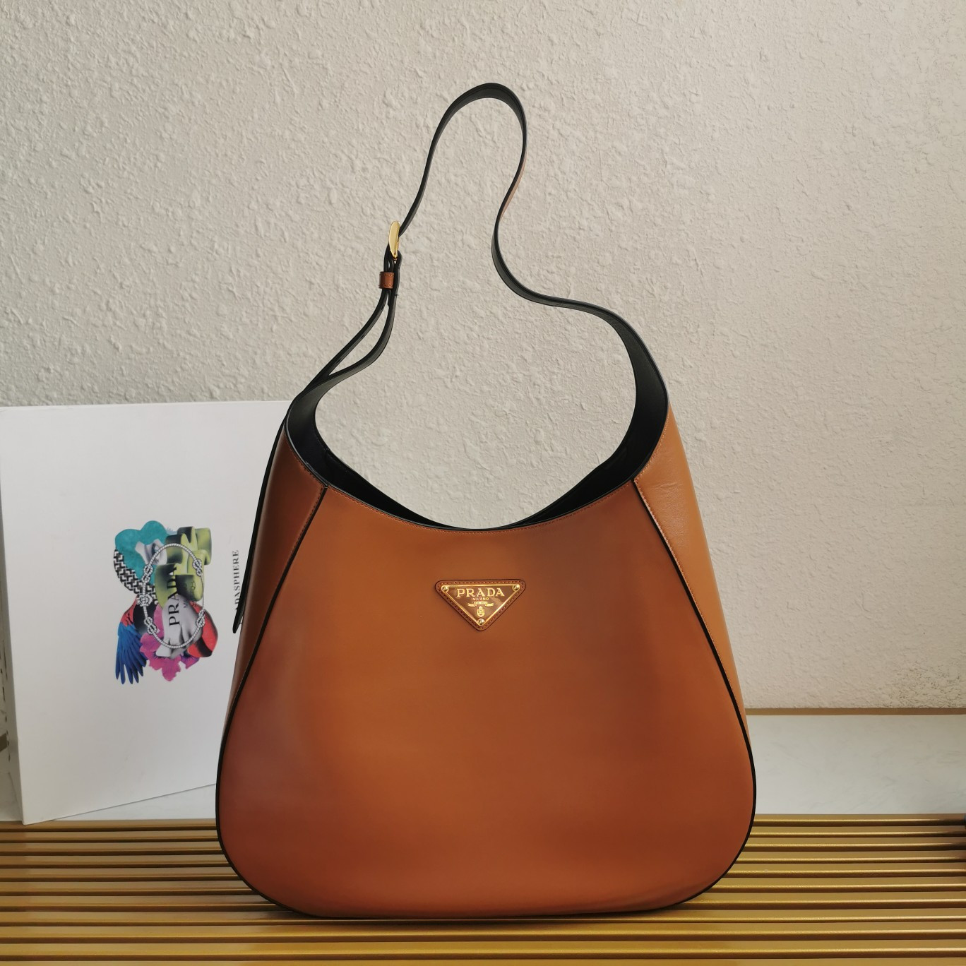 HOT SALE PRADA Large leather shoulder bag with topstitching