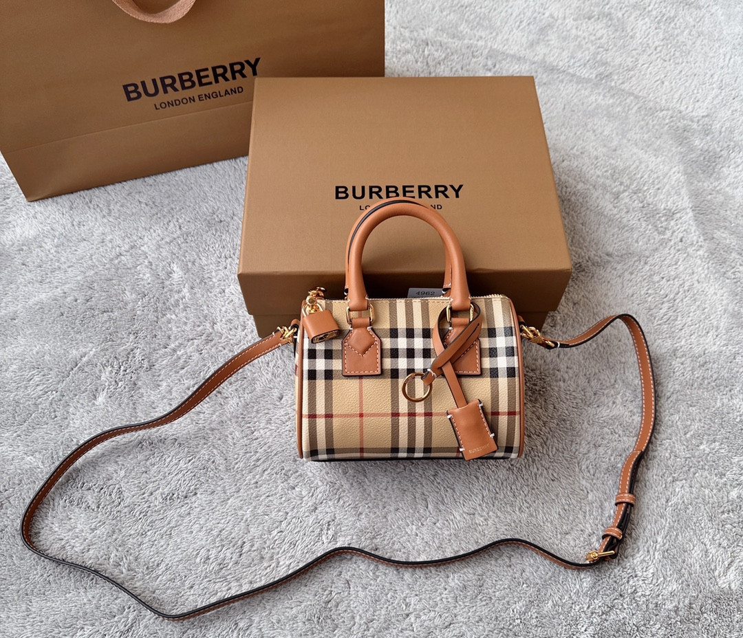 HOT SALE BURBERRY Mini Check Bowling Bag-18.5*11*12CM