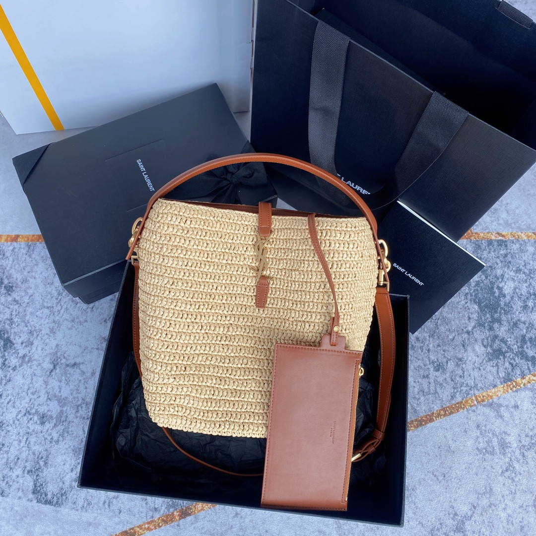 HOT SALE YSL Le 37 leather-trimmed raffia bucket bag-20*25*16CM