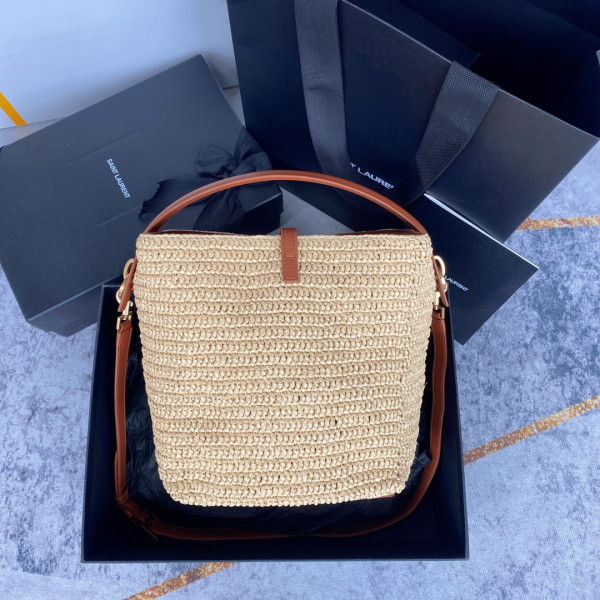 HOT SALE YSL Le 37 leather-trimmed raffia bucket bag-20*25*16CM