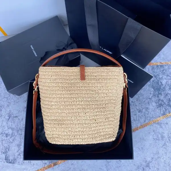 YSL Le 37 leather-trimmed raffia bucket bag-20*25*16CM