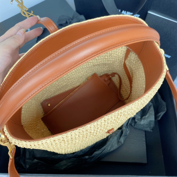 HOT SALE YSL Le 37 leather-trimmed raffia bucket bag-20*25*16CM