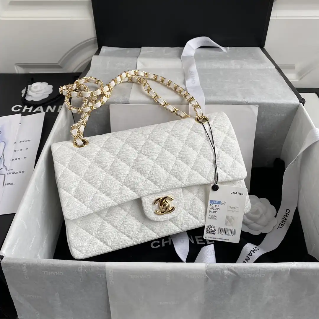 CHANEL A01112 White Large 25.5 Calfskin Leather Flap Bag