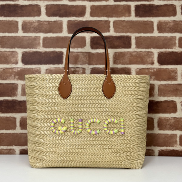 HOT SALE GUCCI MEDIUM STRAW-EFFECT TOTE