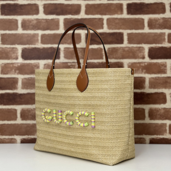 HOT SALE GUCCI MEDIUM STRAW-EFFECT TOTE