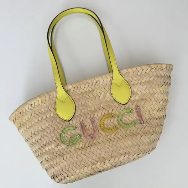 First Bag Ru GUCCI MINI STRAW TOTE WITH GUCCI LOGO