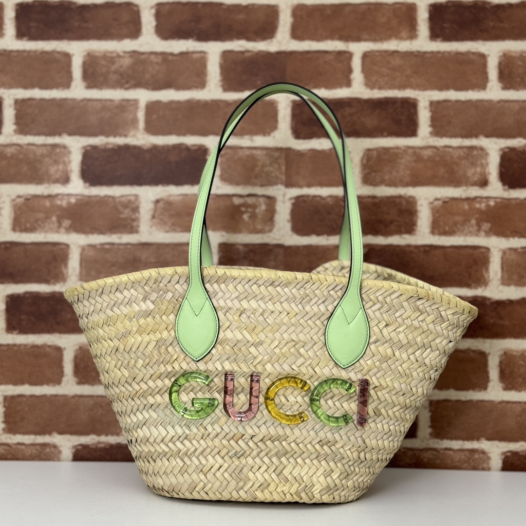 HOT SALE GUCCI SMALL STRAW TOTE WITH GUCCI LOGO