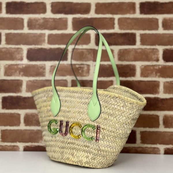 HOT SALE GUCCI SMALL STRAW TOTE WITH GUCCI LOGO