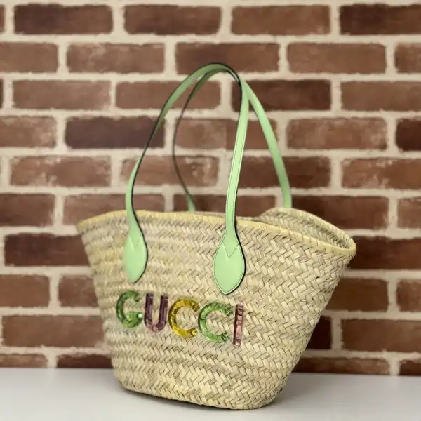 Cheap GUCCI SMALL STRAW TOTE WITH GUCCI LOGO