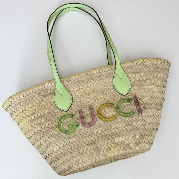 HOT SALE GUCCI SMALL STRAW TOTE WITH GUCCI LOGO