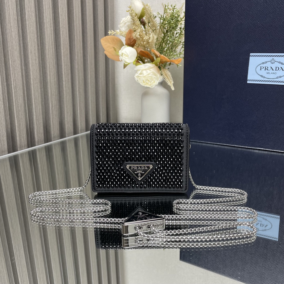 HOT SALE PRADA Cardholder with shoulder strap and crystals