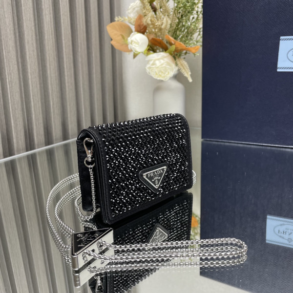 HOT SALE PRADA Cardholder with shoulder strap and crystals