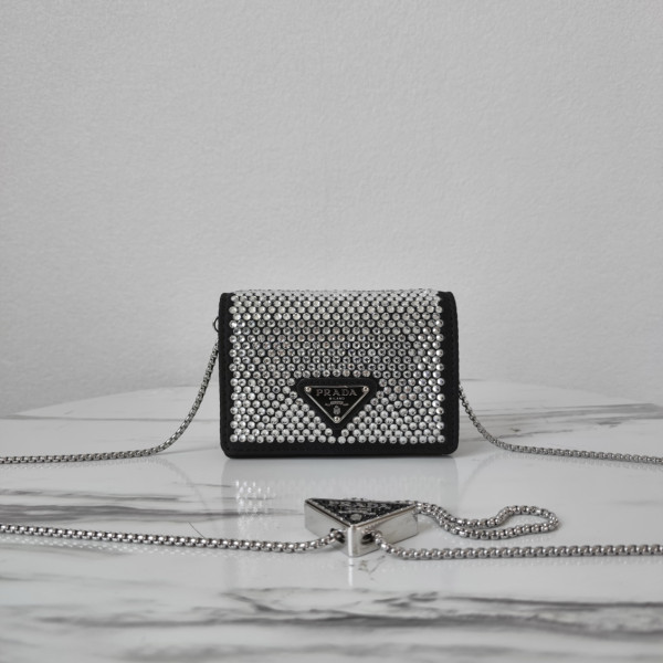 HOT SALE PRADA Cardholder with shoulder strap and crystals