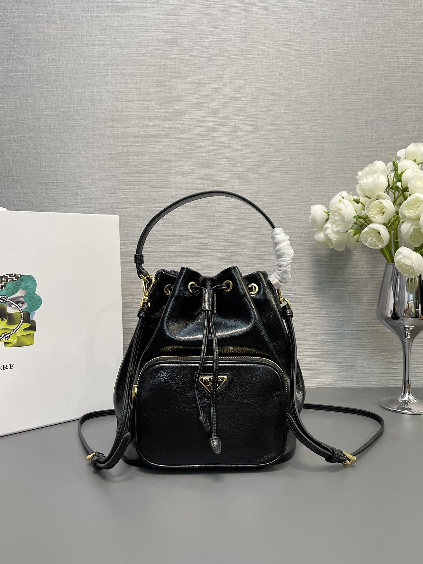 HOT SALE Prada Duet naplak patent leather bucket bag