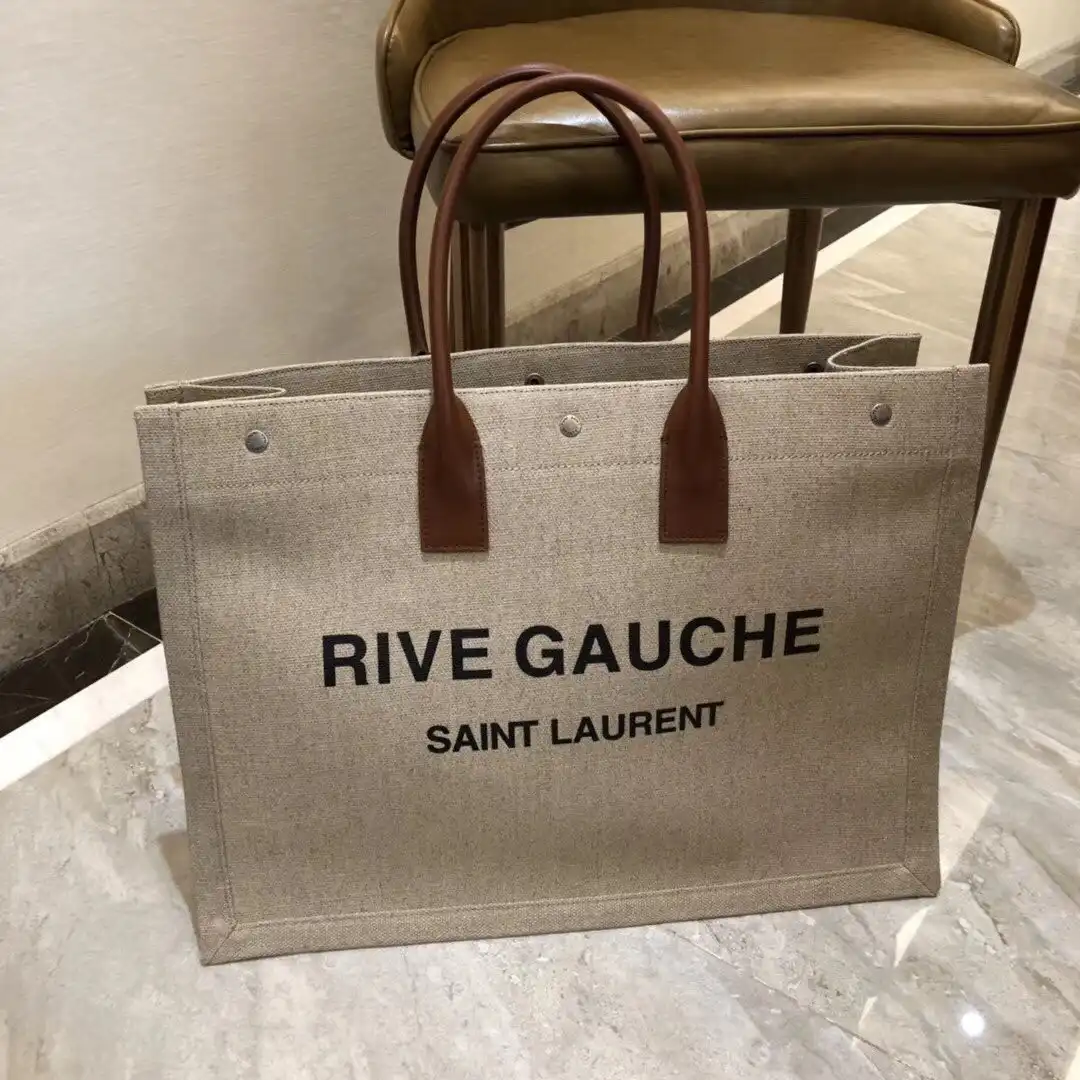 YSL RIVE GAUCHE TOTE BAG IN PRINTED LINEN AND LEATHER