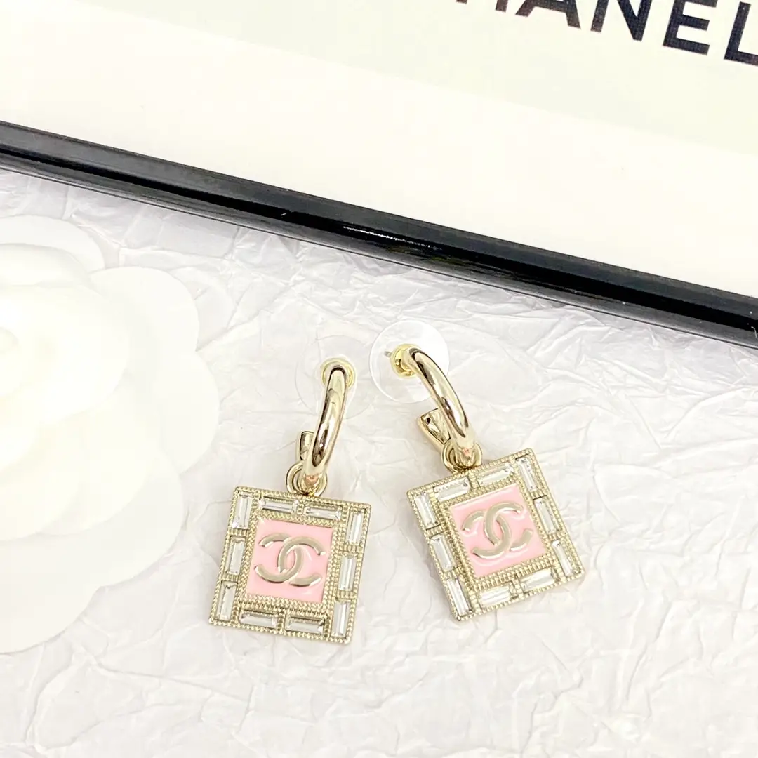 Chanel White and Pink Square Earrings