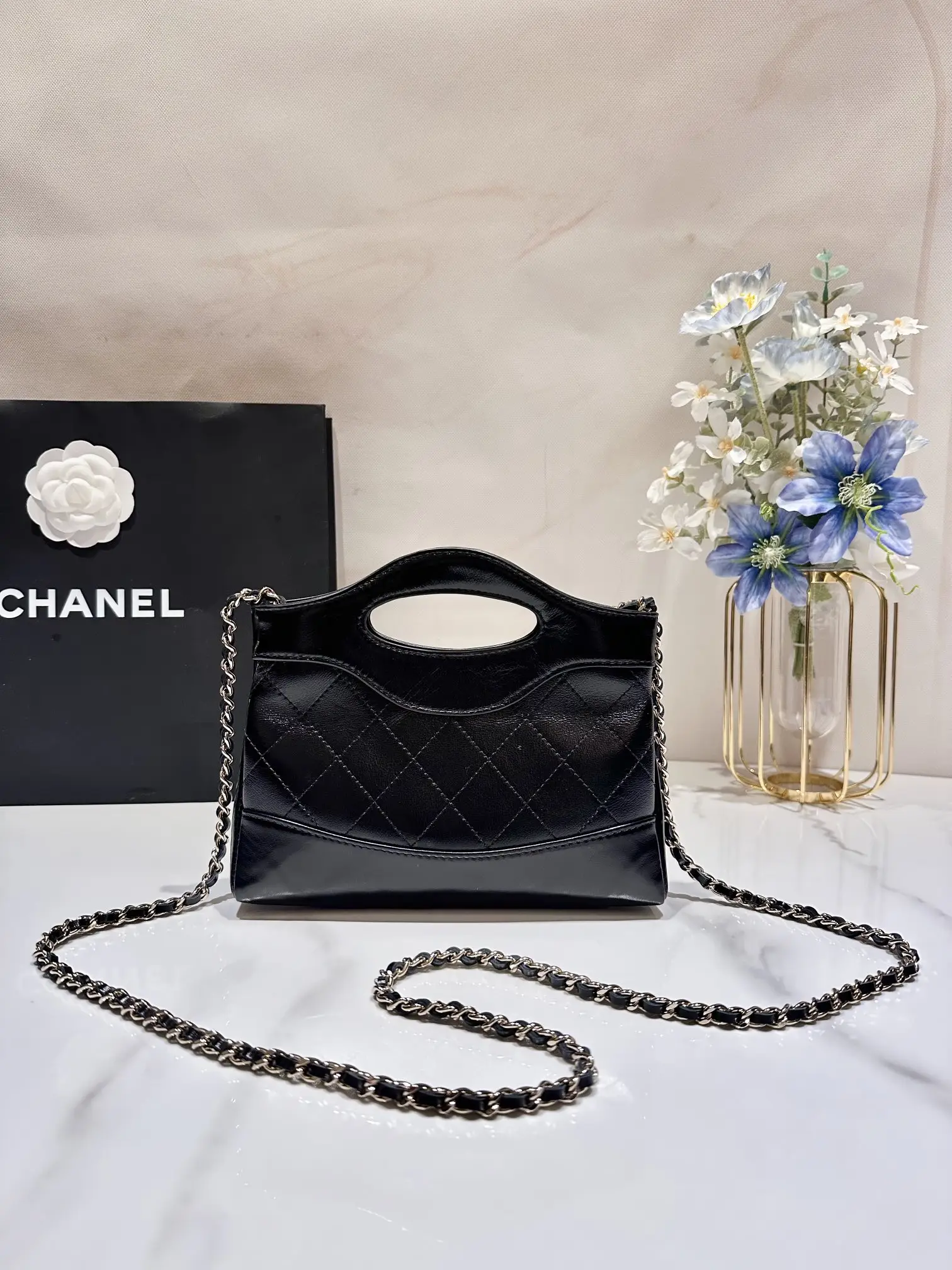 Cheap Black Shiny Crumpled Calfskin Quilted Nano 31 Shopping Bag