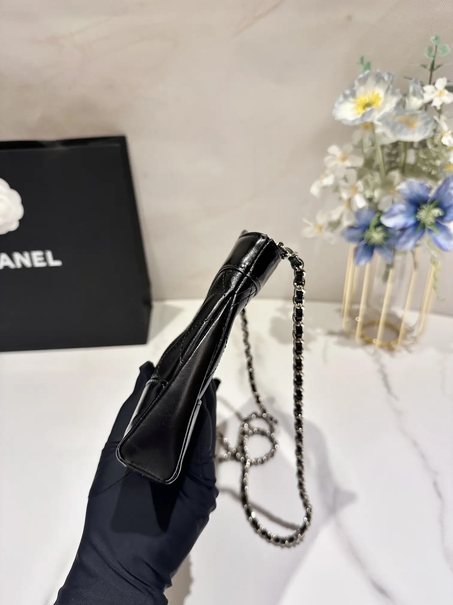 Cheap Black Shiny Crumpled Calfskin Quilted Nano 31 Shopping Bag