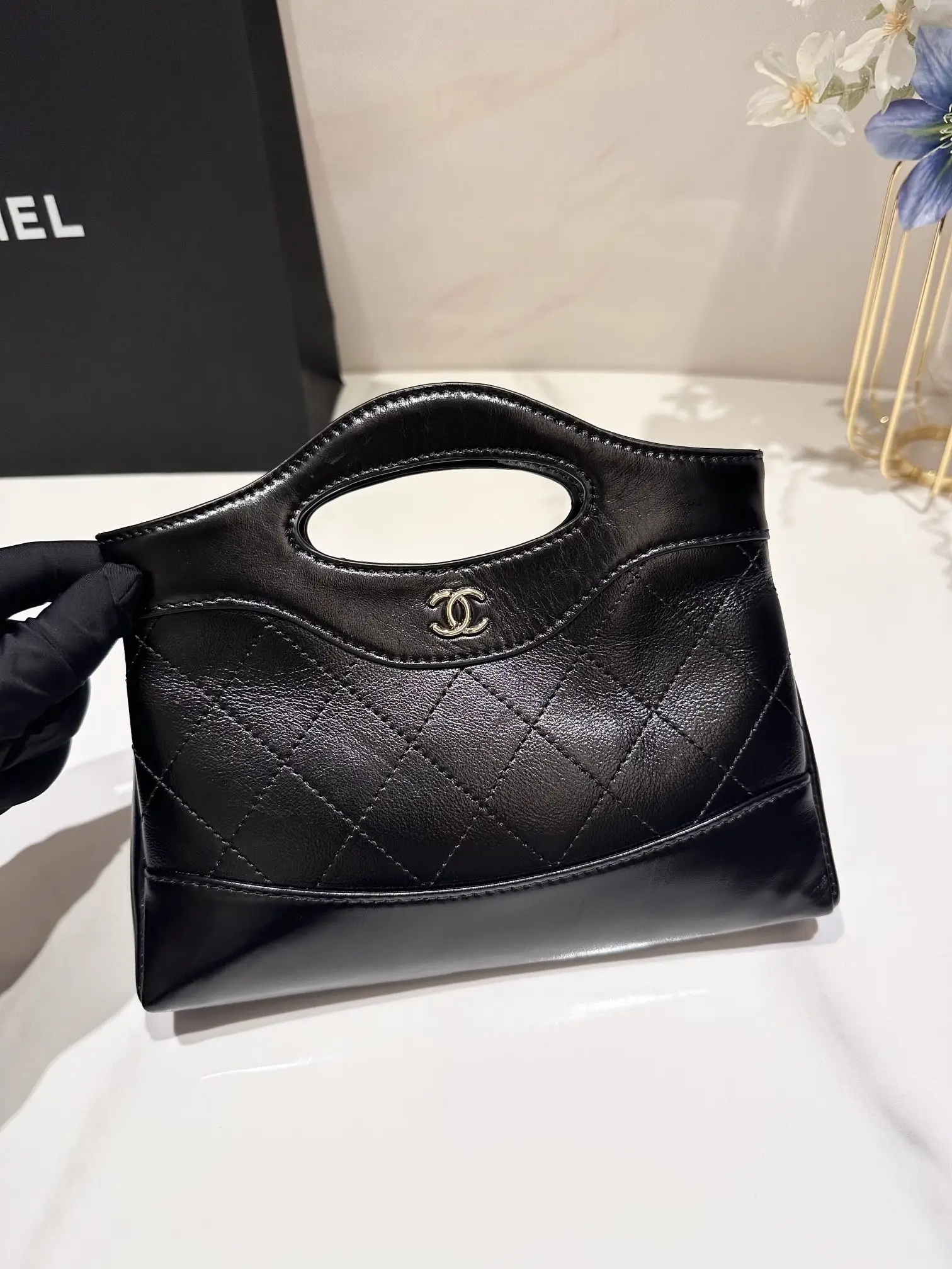 Cheap Black Shiny Crumpled Calfskin Quilted Nano 31 Shopping Bag