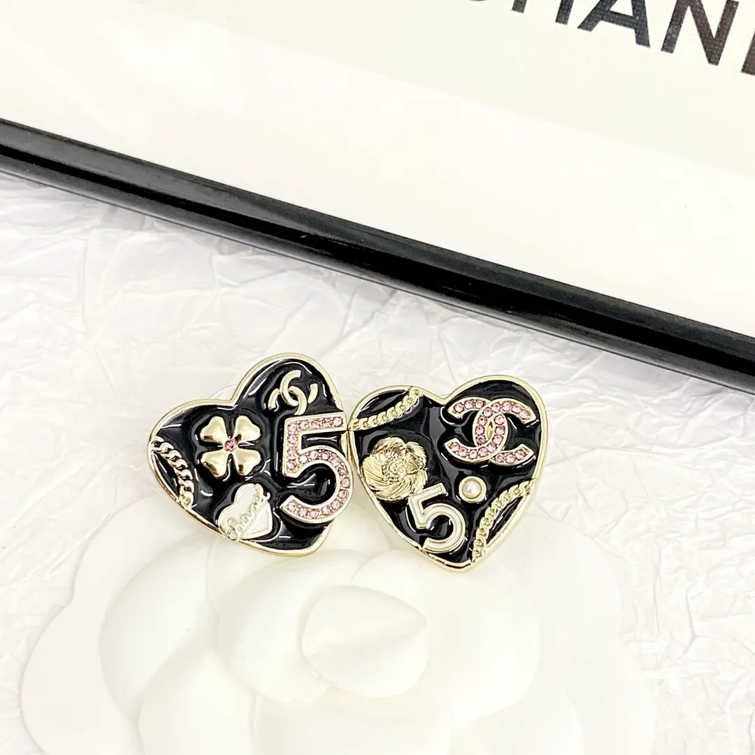 Chanel Black and Gold Heart Earrings
