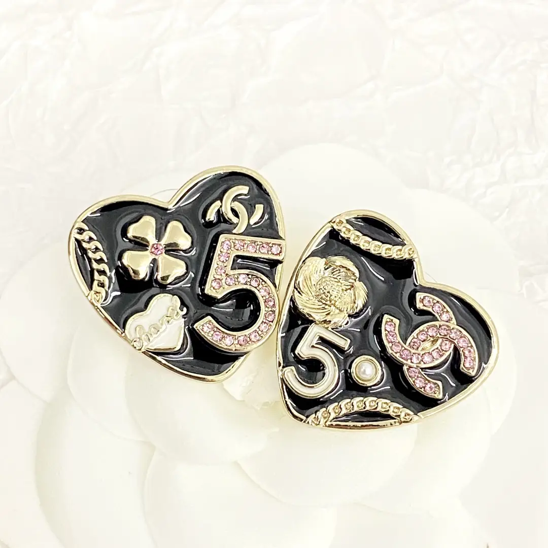 Chanel Black and Gold Heart Earrings