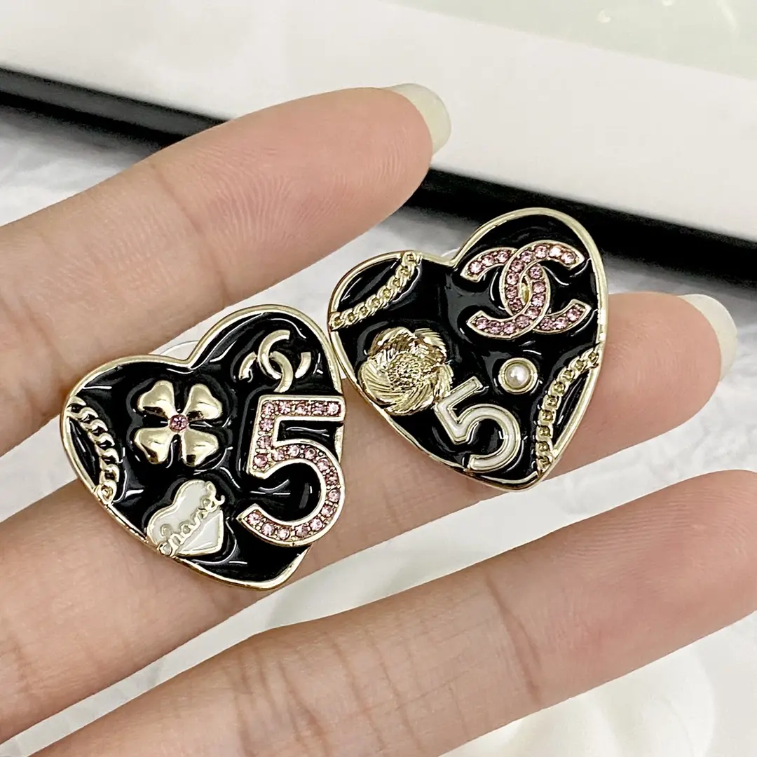 Chanel Black and Gold Heart Earrings
