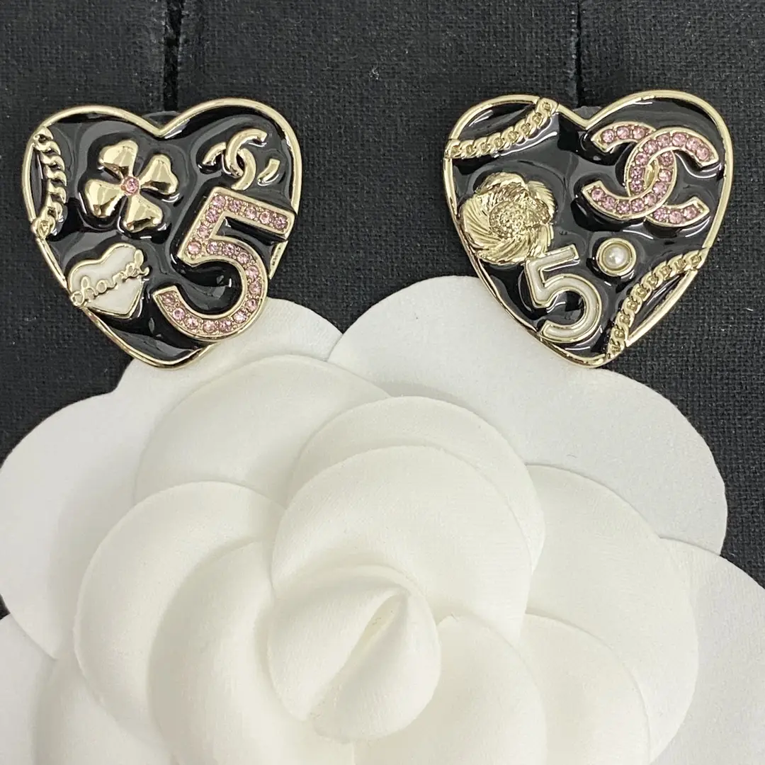 Chanel Black and Gold Heart Earrings