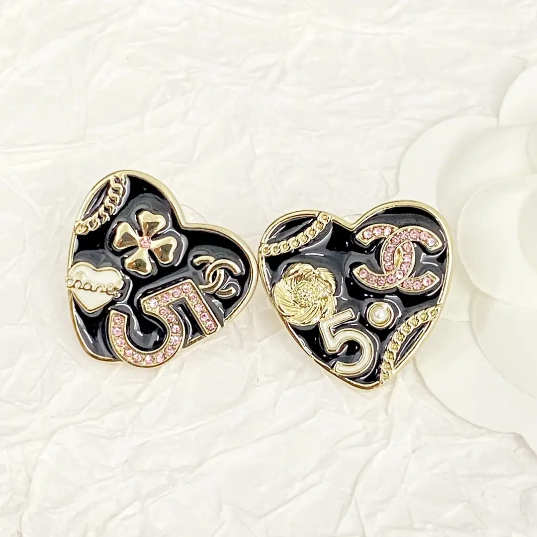 Chanel Black and Gold Heart Earrings