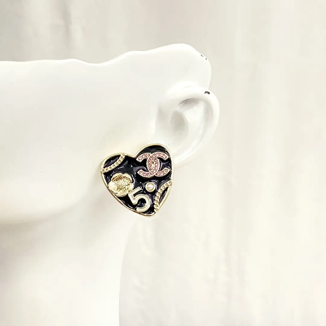 Chanel Black and Gold Heart Earrings