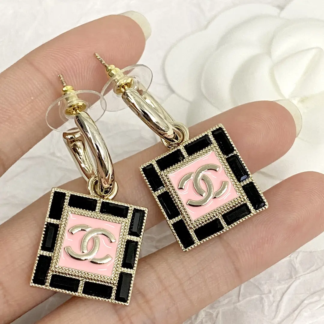 Chanel Black and Pink Square Earrings