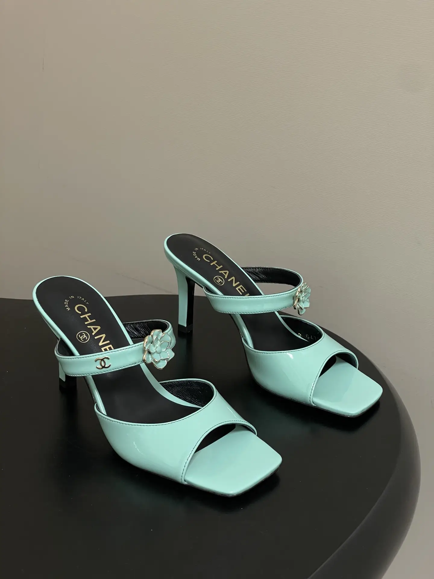 Chanel Camellia Strappy High-Heeled Sandals Blue