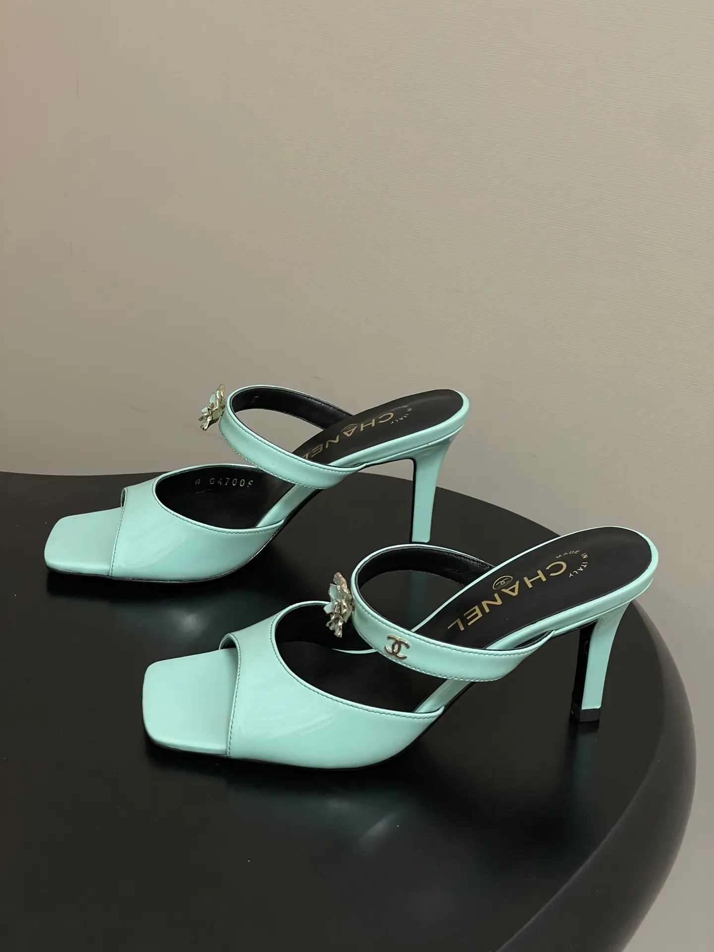 Chanel Camellia Strappy High-Heeled Sandals Blue