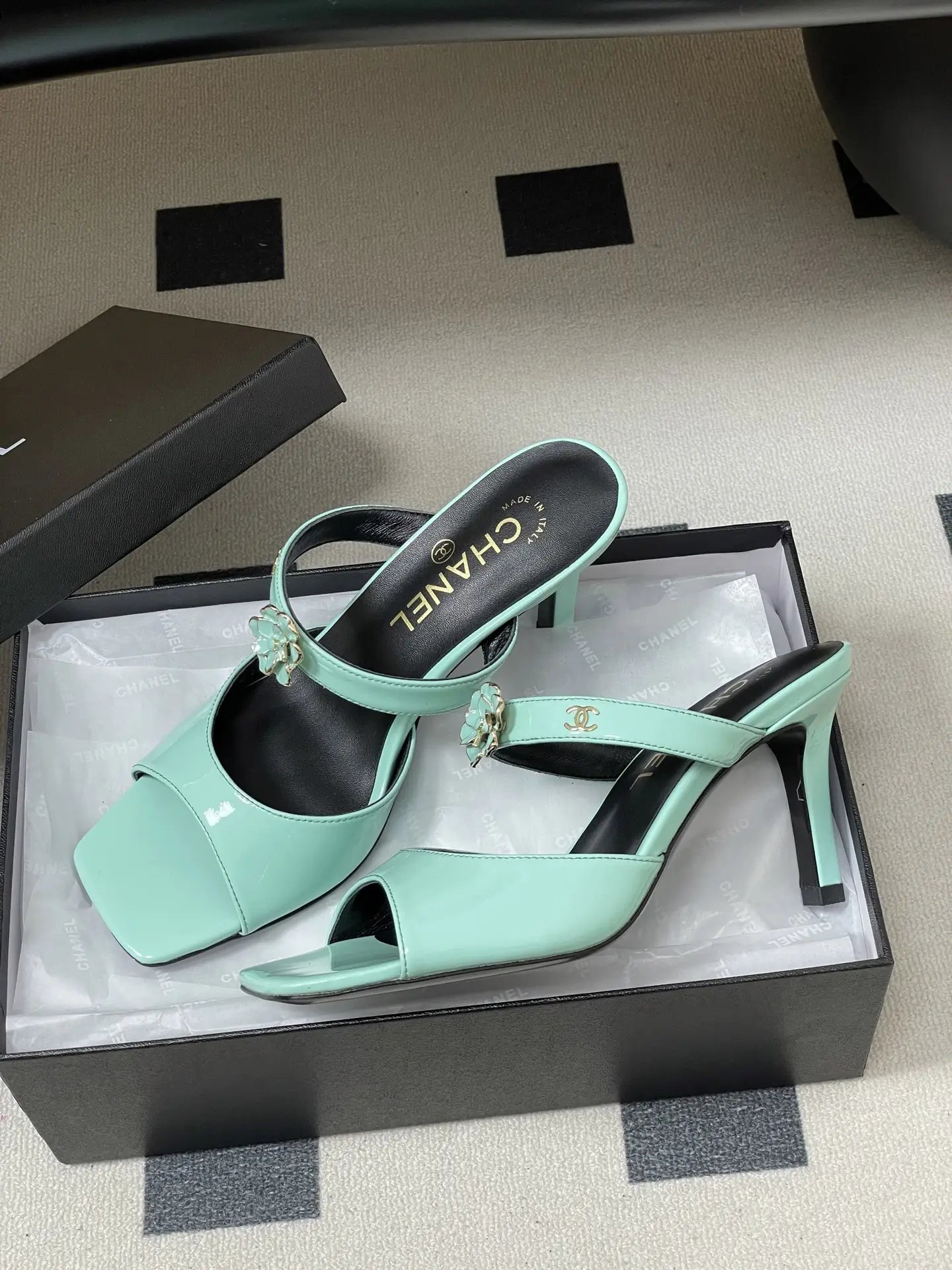 Chanel Camellia Strappy High-Heeled Sandals Blue