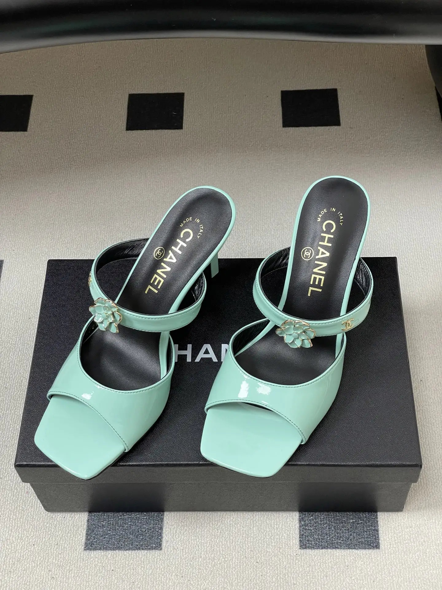 Chanel Camellia Strappy High-Heeled Sandals Blue