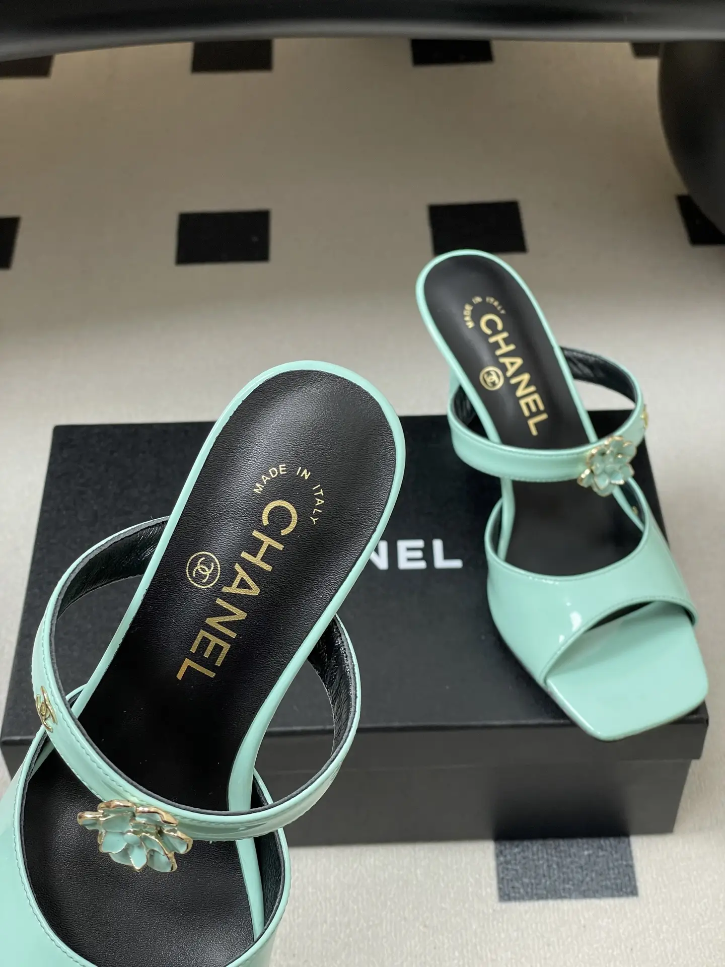 Chanel Camellia Strappy High-Heeled Sandals Blue