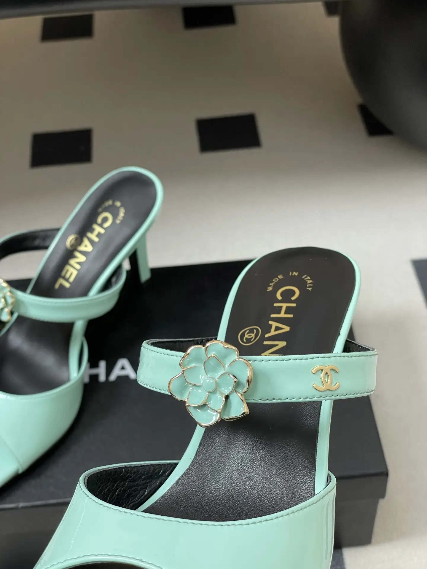 Chanel Camellia Strappy High-Heeled Sandals Blue