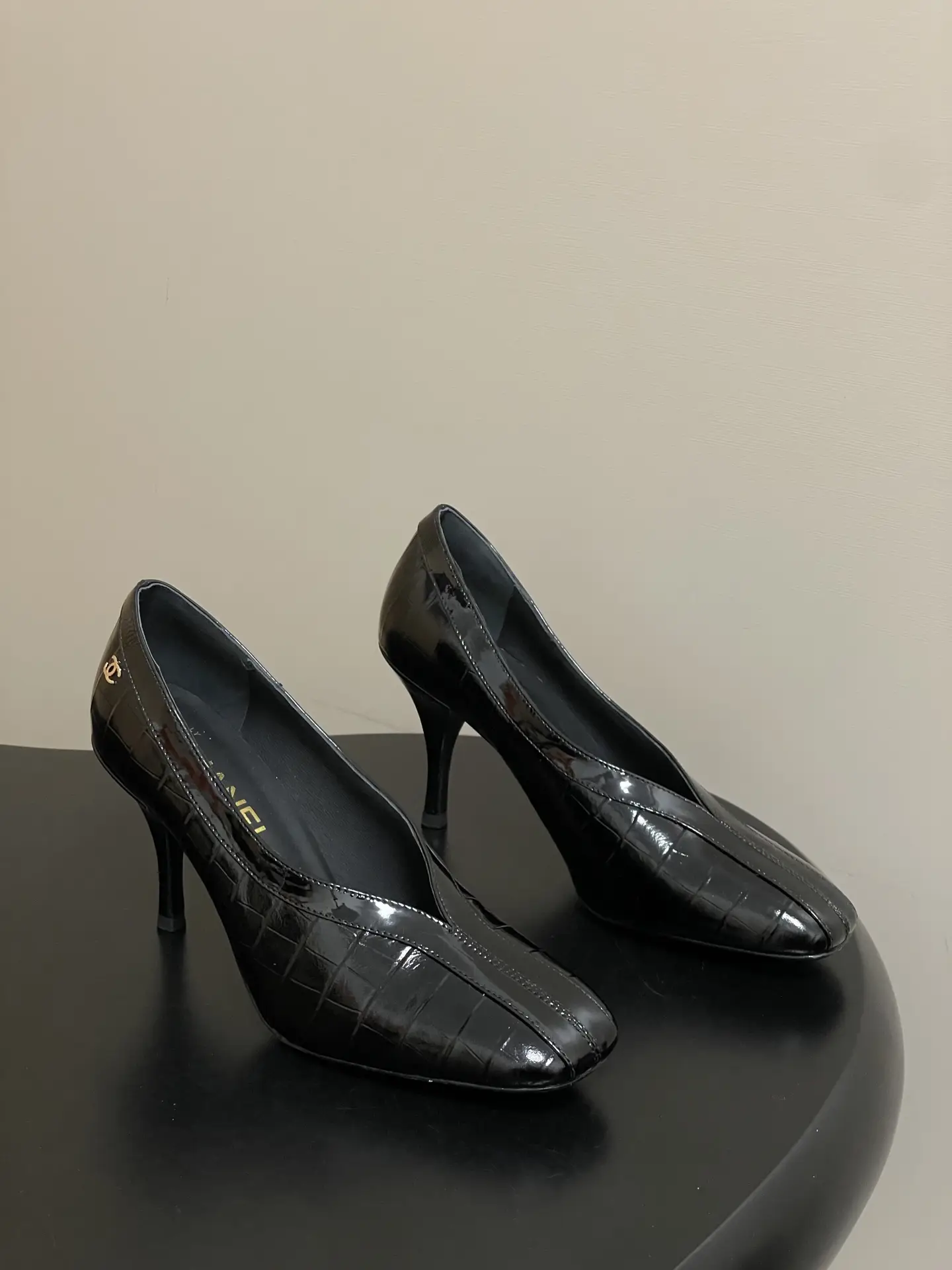 Chanel Crocodile-Embossed Leather High Heels Black