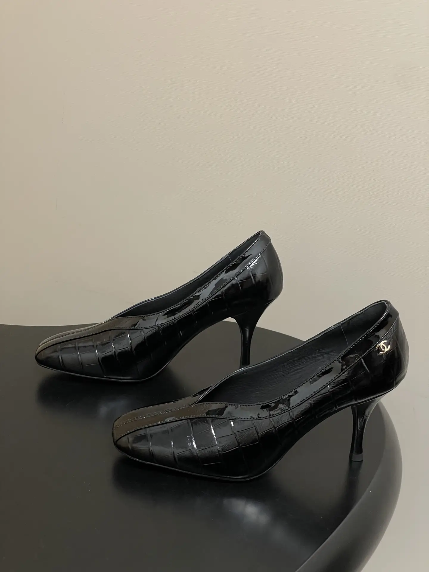 Chanel Crocodile-Embossed Leather High Heels Black