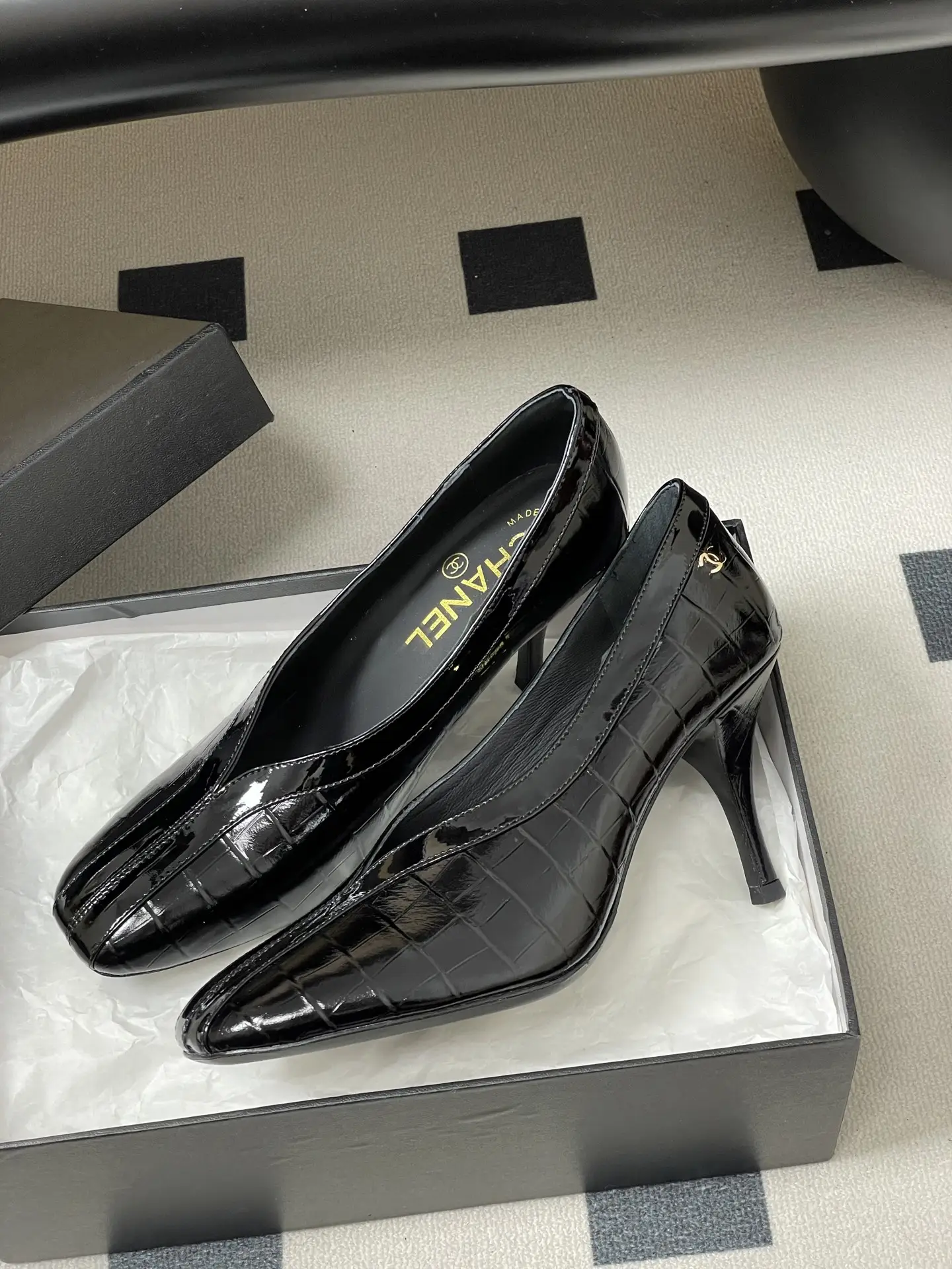Chanel Crocodile-Embossed Leather High Heels Black
