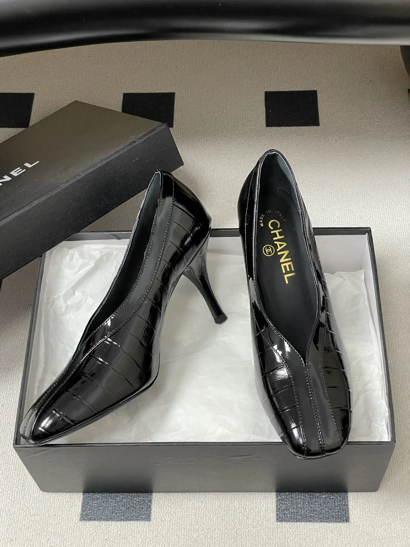 Chanel Crocodile-Embossed Leather High Heels Black