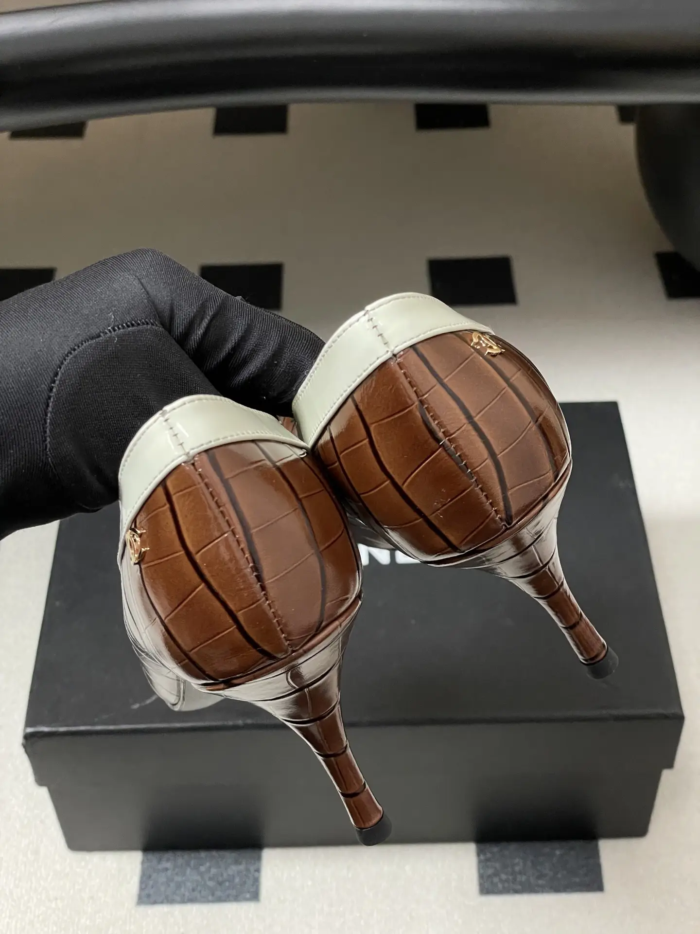 Chanel Crocodile-Embossed Leather High Heels Brown White