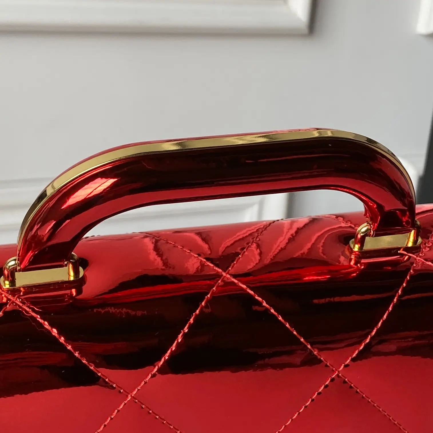 Chanel Large Flap Bag With Top Handle Metallic Mirror AS5807 Red